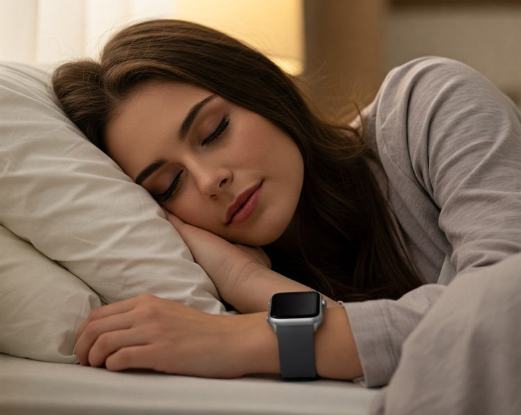 sleep apnea smartwatch A woman sleeping on a bed with a smartwatch with sleep apnea detection